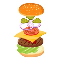 Jumping Burger isolated on white. Hamburger Creation Product Kit. Chopped vegetables, bun, cutlet, sauce, cheese. Flat design for menu cafe, restaurant, poster, sticker. Burger maker constructor