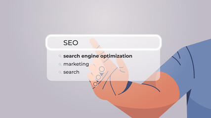 human hand choosing seo in search bar on virtual screen search engine optimization internet networking concept