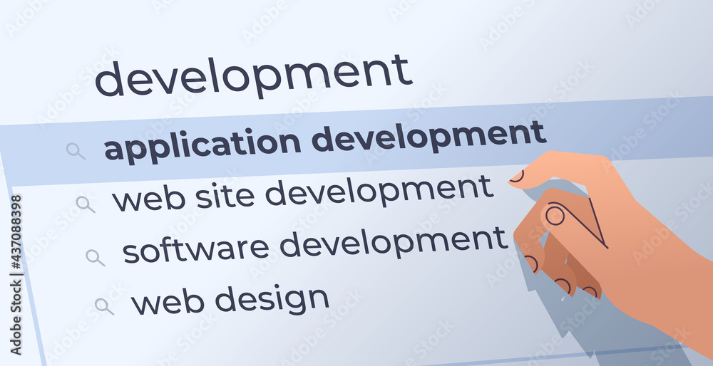 Poster human hand choosing development in search bar on virtual screen application development internet net