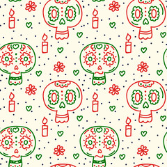 Day of the Dead beautiful pattern. Skull background for Halloween textiles in Mexico. Vector children's illustration of a doodle background with bones. Vector illustration