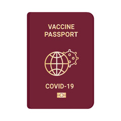 Vaccine passports. Passport with mark of immunity and vaccination. Crossed-out virus. Red passport. Vector flat illustration