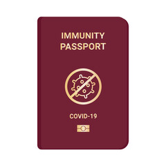 Immunity passports. Passport with mark of immunity and vaccination. Crossed-out virus. Red passport. Vector flat illustration