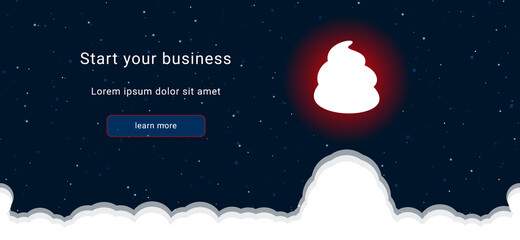 Business startup concept Landing page screen. The poop symbol on the right is highlighted in bright red. Vector illustration on dark blue background with stars and curly clouds from below