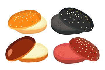 American Burger bun set isolated on white background. Empty hamburger. Bakery product. Different types of Round bakery food. Flat design for menu cafe, restaurant, poster, sticker. Burger ingredient