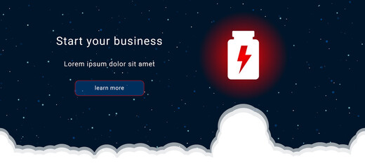 Business startup concept Landing page screen. The power jar symbol on the right is highlighted in bright red. Vector illustration on dark blue background with stars and curly clouds from below