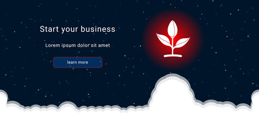 Business startup concept Landing page screen. The sprout symbol on the right is highlighted in bright red. Vector illustration on dark blue background with stars and curly clouds from below