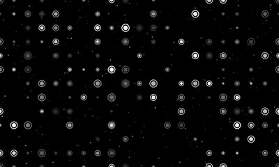 Seamless background pattern of evenly spaced white radio button symbols of different sizes and opacity. Vector illustration on black background with stars