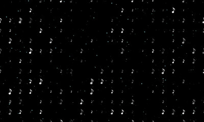 Seamless background pattern of evenly spaced white musical note symbols of different sizes and opacity. Vector illustration on black background with stars