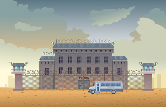 Guarded city prison building with two watchtowers with barbed wire fence, bus for transporting prisoners. The prison has a steel door and surveillance cameras. Vector illustration