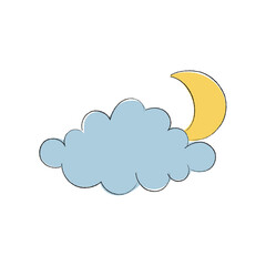 Cartoon hand drawn moon behind the cloud. Isolated vector illustration on white background 