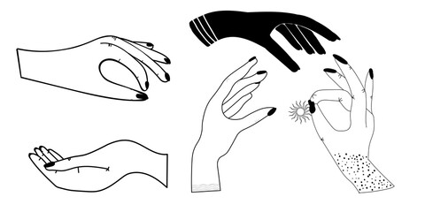 Hand drawn set of female witches hands in different poses. Flash tattoo, sticker, patch or print design vector illustration