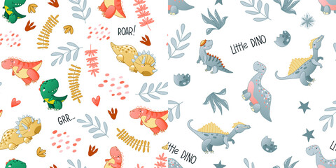 Seamless cute dinosaur pattern. Colorful dino background for kids. Childish vector design for textile and packaging, nursery wallpaper