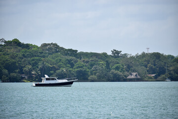 Obraz premium Lancha navegando en el Lago de Izabal, rodeado de naturaleza verde, departamento de Izabal en Guatemala