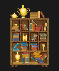 
Large wooden shelving with many hardback books and decorative objects. Home library. Vector illustration