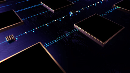 Printed circuit board futuristic server/Circuit board futuristic server code processing. Black,  gold, blue technology background with bokeh. 3d rendering