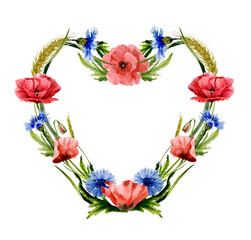 Romantic frame in the form of a heart of wild flowers. Red poppies, cornflowers, wheat spikelets, and meadow grasses. Watercolor illustration, handmade.