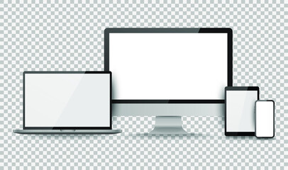 Display screen. Realistic set of monitor, tablet, laptop, smartphone blank isolated devices. Object with shadow vector illustrator.