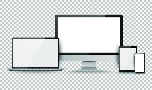 Display screen. Realistic set of monitor, tablet, laptop, smartphone blank isolated devices. Object with shadow vector illustrator.