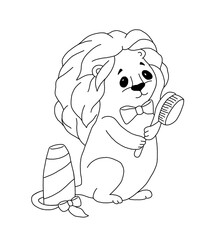 The outline of lion with a lush mane, a comb in its paws and a bottle of shampoo