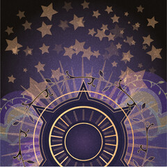 Magic banner for astrology, tarot cards, boho design. Universe with the sun surrounded by stars on a blue background. Esoteric vector illustration, pattern
