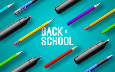 Back to school white vintage banner with school supplies on blue background