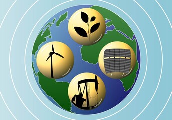 Las energías que mueven el mundo. Petróleo, aerogeneradores, biomasa y placas solares o fotovoltaicas sobre el planeta Tierra © Gabrieuskal