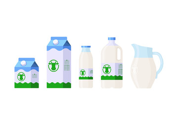 Flat Style Milk Isolated Icons Collection. Set of dairy products in different packages — carton, glass, jug. Vector template for logo, menu, web, stickers, prints