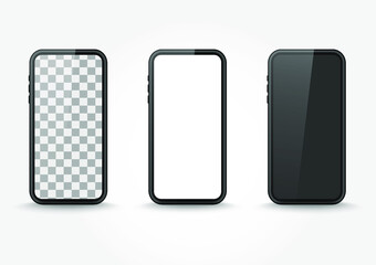 Mobile phone isolated mock-up display. Set of smart phone screen on blank background. Electronic object with shadow vector.