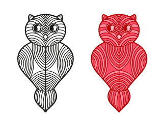 Geometric owl. Detailed hand drawn line bird with abstract patterns on isolation background. Abstract character. Different color options