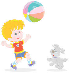 Happy little boy running and playing a big colorful ball with his cute merry pup on summer vacation, vector cartoon illustration