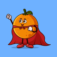 Cute Orange fruit character with Super hero costume and try to fly. Fruit character icon concept isolated. Emoji Sticker. flat cartoon style Vector