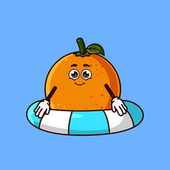 Cute Orange fruit character with swim ring float. Fruit summer icon concept isolated. flat cartoon style Premium Vector