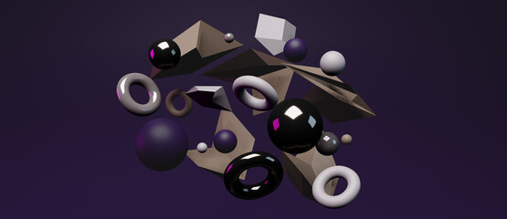 3D render of geometric objects, decorative background. Turus, sphere and polygonal objects