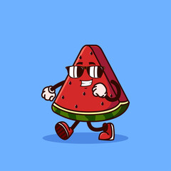 Cute Watermelon fruit character walking with eyeglass. Fruit character icon concept isolated. flat cartoon style Premium Vector
