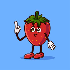 Cute Strawberry fruit character with happy face and Gesture pointing up. Fruit character icon concept isolated. Emoji Sticker. flat cartoon style Vector