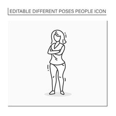 Person pose line icon. Woman holds crossed arms on chest. Unsatisfied. Looking directly.People poses concept. Isolated vector illustration