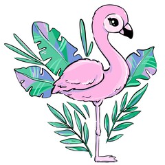 Hand drawn Cute Flamingo with tropical leaves Summer print vector illustration Children's Print Design T-shirt and Poster