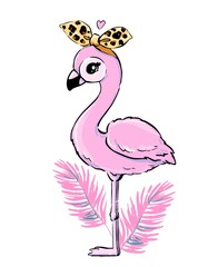Hand drawn Cute Flamingo with leopard bow and heart with tropical leaves Summer print vector illustration