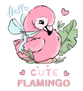 Hand Drawn Little Cute Pink baby Flamingo Childrens Print Design T-shirt and Poster Vector illustartion