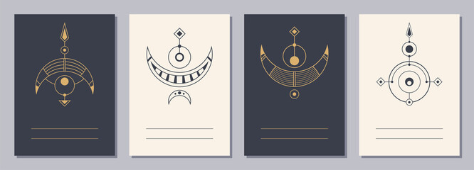 Set of flyers, posters, placards, brochure design templates A6 size with geometric icons. Symbols of magic, alchemy, spirituality, occultism. Vertical blanks with sacral geometric signs.