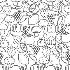 Doodle fruit pattern. Black and white monochrome background. Vector fruits pattern. Fruits seamless background. Fruit hand drawn vector pattern