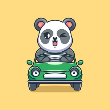 Cute Panda Driving The Car Cartoon