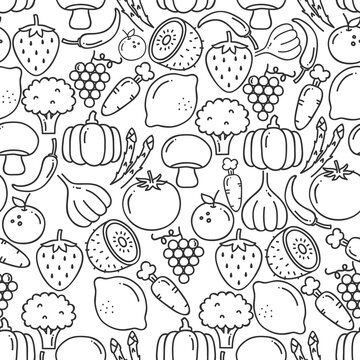 Doodle fruit pattern. Black and white monochrome background. Vector fruits pattern. Fruits seamless background. Fruit hand drawn vector pattern