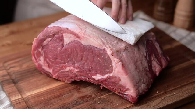 chef cutting block of ribeye beef steak, slow motion 4k 120p