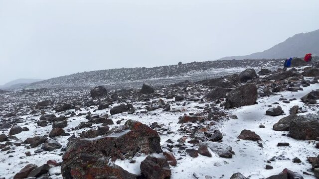 4K Footage of four Kilimanjaro climbers going to the Barafu Camp on cca 4600m elevation. Umbwe route to the highest African continent mountain 5895 m. Tanzania, January 1st.