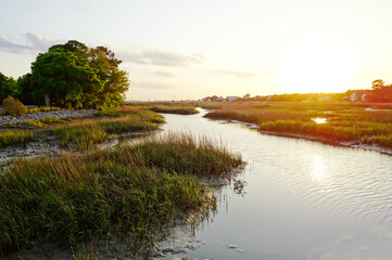 View of coastal homes along the marsh waterways in the Low Country near Charleston SC - 437098173