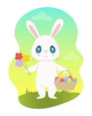 A cute kawaii white Easter bunny is standing in the meadow with a bouquet of flowers and a basket of Easter eggs in its paws. Vector spring easter illustration.