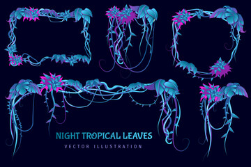 Night Tropical Leaves Cartoon Set With