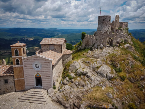 Aerial view of Rocca Frangipani in Tolfa village in Lazio, Italy