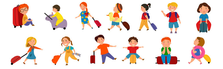 Set of children with suitcases. Cute little kids on a journey. Vector illustration in a flat style on a white isolated background.